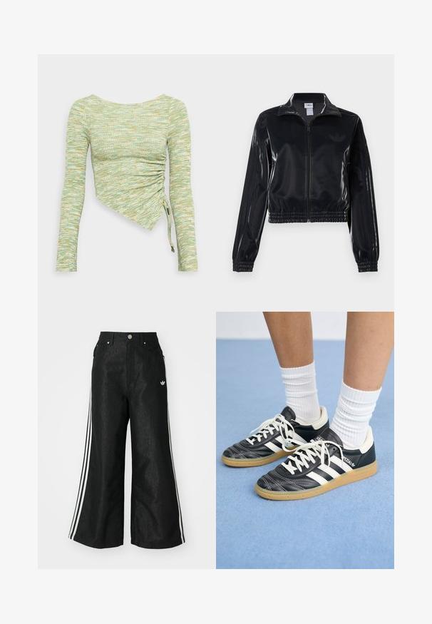 Schwarze, glänzende Trackjacke mit Reißverschluss und elastischen Bündchen und Saum, die dezente Drei-Streifen-Details an den Ärmeln und ein tonales Logo auf der Brust aufweist.; Langarmshirt aus strukturiertem mintgrünem und gelbem Stoff, mit einem asymmetrischen Schnitt, seitlicher Raffung und Bindebändern am Saum.; Schwarze, weit geschnittene Jeans mit drei weißen Streifen an jeder Seite und einem kleinen weißen Logo. Mit vorderen Taschen und einem Knopfverschluss.; Schwarze Ledersneaker mit weißen Streifen, runder Zehenpartie, weißen Schnürsenkeln und Gummisohle. Abgerundet durch gepolsterten Kragen und Branding-Details.