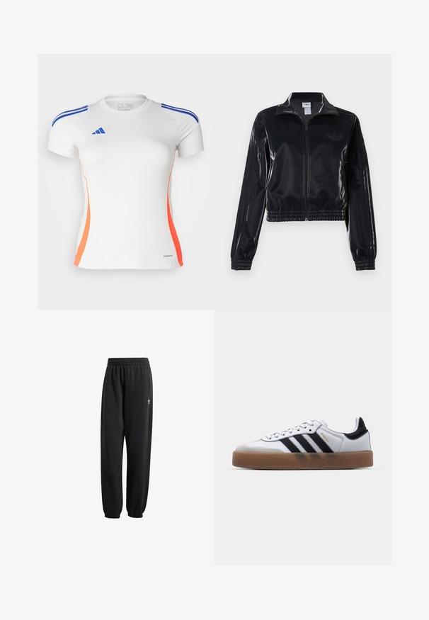 Chaqueta de chándal negra y brillante con cremallera, puños y dobladillo elásticos, que presenta un sutil detalle de tres rayas en las mangas y un logotipo tono sobre tono en el pecho.; adidas Performance TIRO24 JERSEY - Camiseta deportiva - white/lucid blue/app solar red; Pantalones de chándal negros hechos de un tejido suave y texturizado. Presentan una cinturilla elástica, puños y un pequeño logo blanco cerca de la cadera.; Zapatillas de cuero blancas con rayas negras, suela de goma, puntera redonda, cierre de cordones y caperuza de ante gris suave.