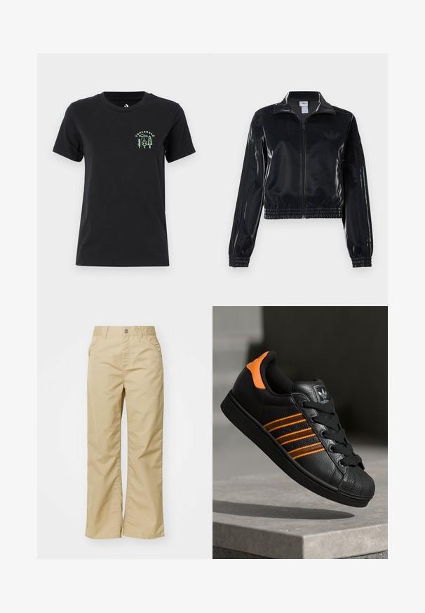 Melna spīdīga zip-up sporta jaka ar elastīgām piedurknēm un apakšmalu, ar smalku trīsrindu detaļu uz piedurknēm un tonālu logotipu uz krūšu daļas.; Converse FOREST ART TEE - Apdrukāts T-krekls - black; Beigu kokvilnas platā kāju bikses ar gludu tekstūru, ar priekšējām kabatām un sudraba pogu pie jostas.; Melnas kedas ar oranžiem akcentiem, trīs horizontālas svītras, teksturēts ādas augšdaļa, gumijas purngala daļa un melnas auklas.