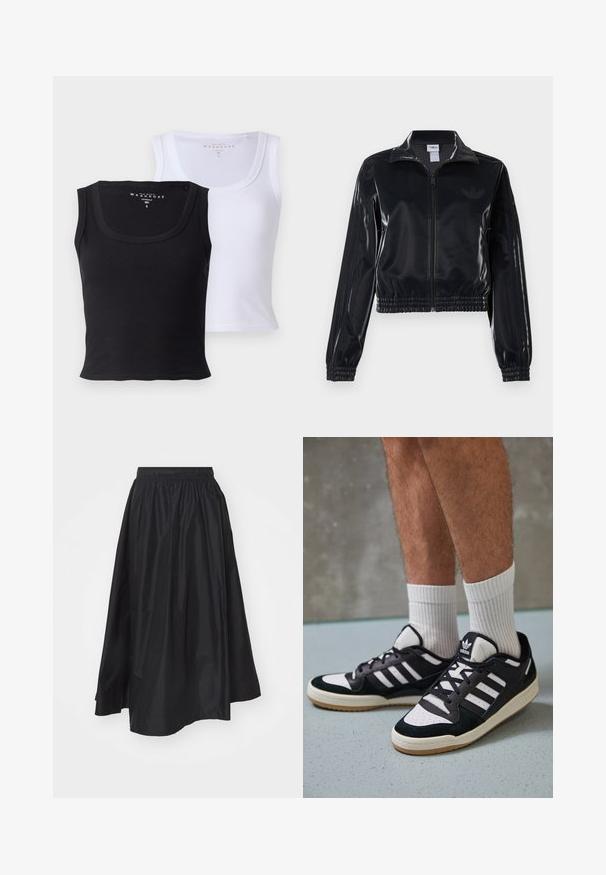 Black glossy zip-up track jacket with elastic cuffs and hem, featuring subtle three-stripe detailing on sleeves and a tonal logo on chest.; Two cotton tank tops, one black and one white. Both feature a ribbed texture, wide necklines, and a fitted shape.; Black, knee-length skirt made from lightweight fabric, featuring an elastic waistband and a flared design for ease of movement.; Black and white sneakers with a suede and leather upper, featuring three white stripes, a perforated toe, and a gum rubber sole.