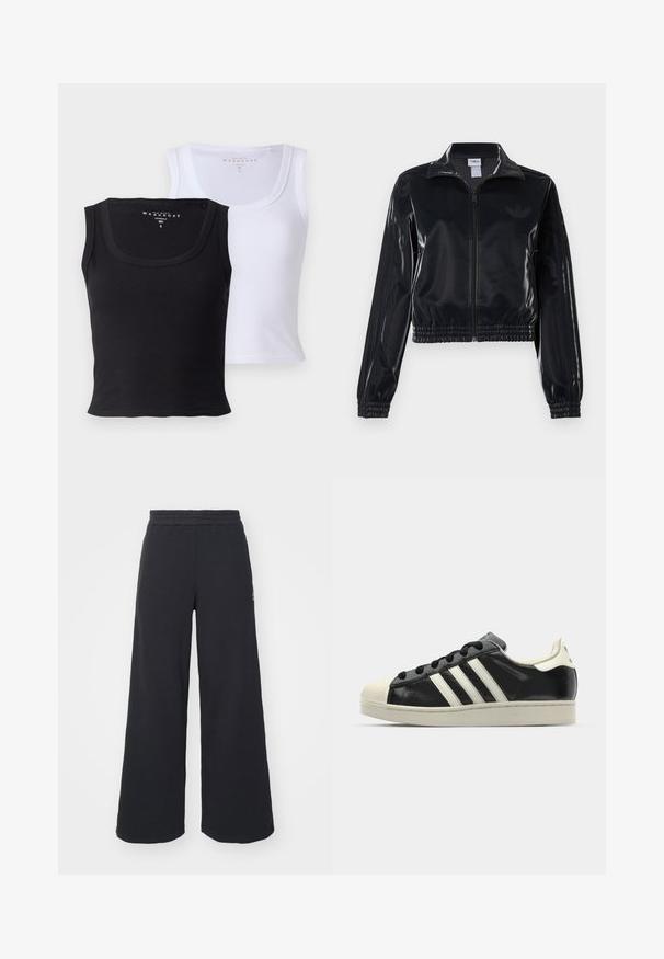 Giacca a piedi nera lucida con zip, dotata di polsini e orlo elastici, con discreti dettagli a tre strisce sulle maniche e un logo tonale sul petto.; Due top in cotone, uno nero e uno bianco. Entrambi presentano una texture a coste, scollature ampie e una forma aderente.; Pantaloni felpati neri a gamba larga realizzati in tessuto morbido, con un elastico in vita e un piccolo logo sul lato sinistro.; Sneaker in pelle nera con strisce bianche, punta in gomma, lacci neri e suola di colore crema. Texture liscia con finitura brillante.