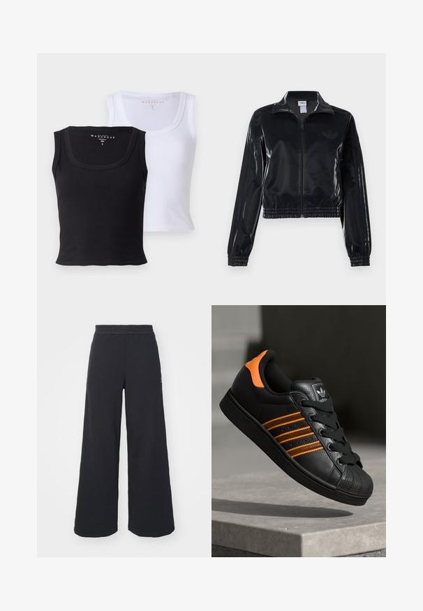 Jachetă sport neagră, lucioasă, cu fermoar, cu manșete și tiv elastic, având detalii subtile cu trei dungi pe mâneci și un logo tonal pe piept.; Două tricouri fără mâneci din bumbac, unul negru și unul alb. Ambele au o textură disposibilă, decolteu larg și o formă ajustată.; Pantaloni de trening negri, cu picioare largi, confecționați dintr-un material moale, având un talie elastică și un logo mic pe partea stângă.; Adidași negri cu accente portocalii, trei dungi orizontale, parte superioară din piele texturată, capac de cauciuc pentru vârf și șireturi negre.