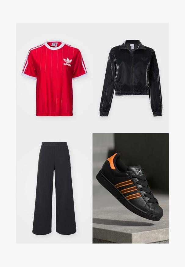 Melna spīdīga zip-up sporta jaka ar elastīgām piedurknēm un apakšmalu, ar smalku trīsrindu detaļu uz piedurknēm un tonālu logotipu uz krūšu daļas.; adidas Originals ADICOLOR 3-STRIPES PINSTRIPE - Apdrukāts T-krekls - better scarlet; Melni platās svārku bikses, izgatavotas no mīksta auduma, ar elastīgu jostas daļu un mazu logotipu kreisajā pusē.; Melnas kedas ar oranžiem akcentiem, trīs horizontālas svītras, teksturēts ādas augšdaļa, gumijas purngala daļa un melnas auklas.