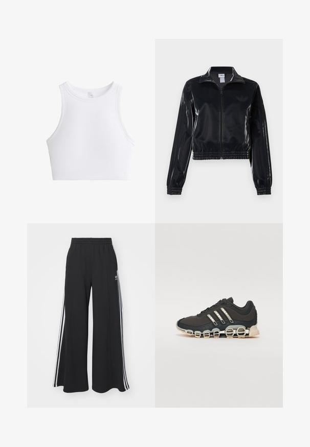 Fekete, fényes, cipzáras sportdzseki elasztikus mandzsettával és aljjal, a mára árnyalatú háromcsíkozás a ujjakon és egy tónusbeli logó a mellkason.; Fehér bordázott crop top kerek nyakkal és ujjatlan kivitelben. Texturált anyaggal készült, amely további részleteket és rugalmasságot biztosít.; Fekete, bő szárú melegítőnadrág, rugalmas derékkal, fehér oldalsávokkal és hímzett logóval a bal combon.; Fekete sportcipő texturált felsőrésszel, három ezüst csíkkal, és egy jellegzetes párnázott talppal, amely több integrált szakaszból áll.