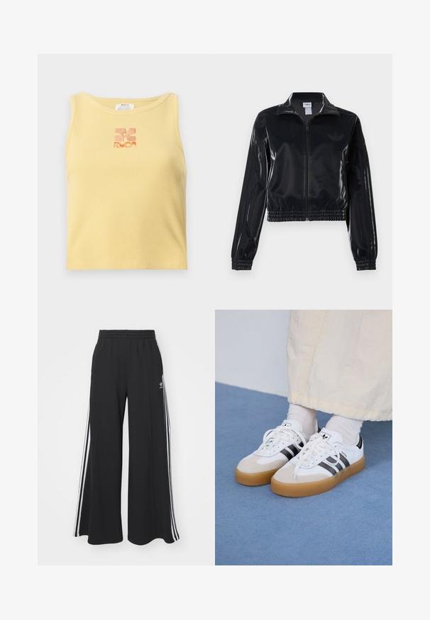 Fekete, fényes, cipzáras sportdzseki elasztikus mandzsettával és aljjal, a mára árnyalatú háromcsíkozás a ujjakon és egy tónusbeli logó a mellkason.; Sárga bordázott trikó, középen egy apró, narancssárga hímzett viráglogóval. Egyszerű, ujjatlan kialakítás, kerek nyakkivágással.; Fekete, bő szárú melegítőnadrág, rugalmas derékkal, fehér oldalsávokkal és hímzett logóval a bal combon.; Fehér sportcipő fekete csíkokkal és bézs velúr részletekkel. Texturált gumi talppal és lapos fehér fűzőkkel rendelkezik, világos színű zoknival viselve.