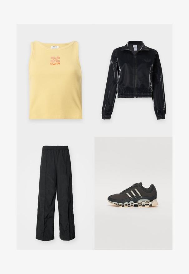 Fekete, fényes, cipzáras sportdzseki elasztikus mandzsettával és aljjal, a mára árnyalatú háromcsíkozás a ujjakon és egy tónusbeli logó a mellkason.; Sárga bordázott trikó, középen egy apró, narancssárga hímzett viráglogóval. Egyszerű, ujjatlan kialakítás, kerek nyakkivágással.; Fekete, bő szárú nadrág, rugalmas derékkal, sima textúrával és oldalsó varrással a dizájn fokozása érdekében.; Fekete sportcipő texturált felsőrésszel, három ezüst csíkkal, és egy jellegzetes párnázott talppal, amely több integrált szakaszból áll.