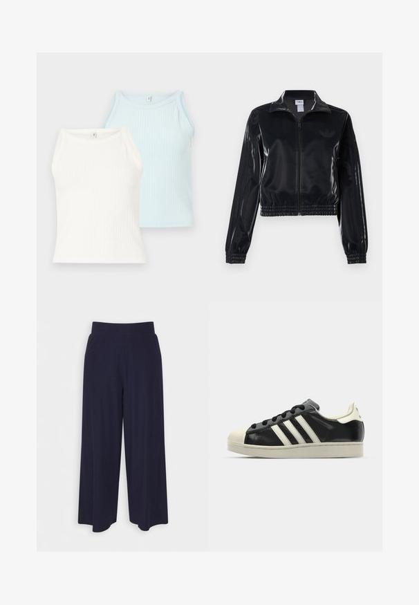 Melna spīdīga zip-up sporta jaka ar elastīgām piedurknēm un apakšmalu, ar smalku trīsrindu detaļu uz piedurknēm un tonālu logotipu uz krūšu daļas.; Divi riboti t-krekli baltā un gaiši zilā krāsā. Krekliem ir apaļš kakla izgriezums un platas plecu siksnas, tie izgatavoti no mīkstas auduma.; Platas kājas bikses tumši zilā audumā ar svītrainu tekstūru. Aprīkotas ar gludu jostasvietu un plūstošu siluetu, sasniedzot vidus teļus.; Melna ādas sporta apava ar baltām svītrām, gumijas purngala aizsardzību, melnām auklām un krēma krāsas zoli. Gluda tekstūra ar spīdīgu apdari.