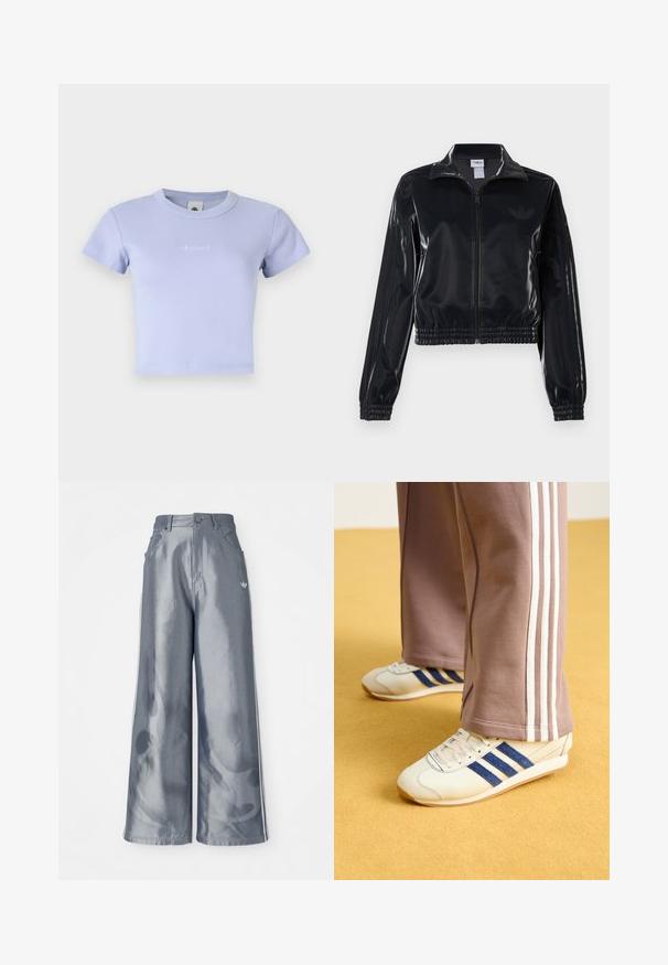 Must tume läikiv tõmblukuga spordijakk elastsete ääriste ja hemiga, millel on varrukatel peened kolmerealised detailid ja toon-on-tone logo rinnal.; Heled lavendli ribaga kootud lühikeste varrukatega crop t-särk, millel on ümmargune kaelus. Esipoolsel küljel on peene tikandiga logo.; Laiad püksid läikivast hallist materjalist, valgete külgtriipudega ja põlevate mustritega alumistes jalgades. Nööp ja lukku kinnitamine vööl.; Kreemikaded siniste seemisribade, valgete paelte ja kummitaldadega. Kombineeritud hallide dressipükstega, millel on valged küljeribad.