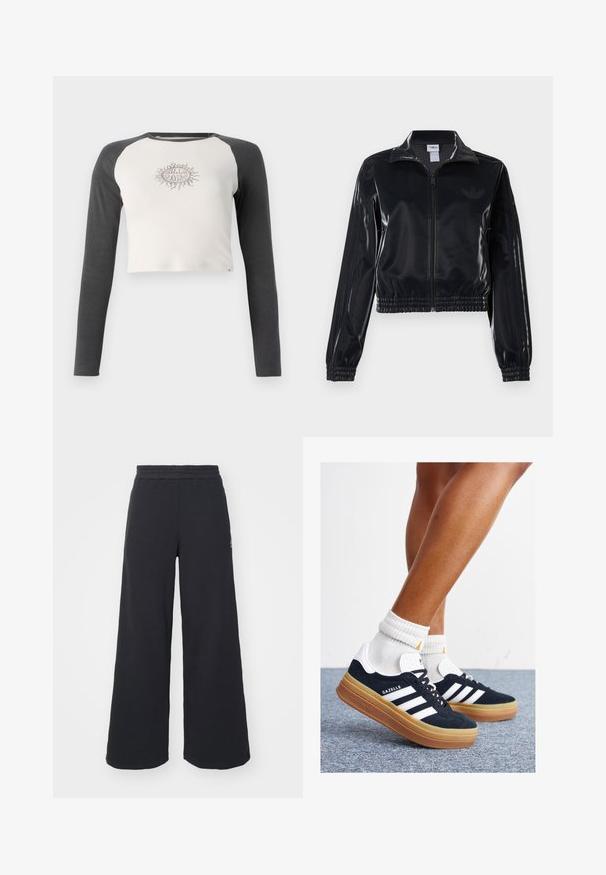 Schwarze, glänzende Trackjacke mit Reißverschluss und elastischen Bündchen und Saum, die dezente Drei-Streifen-Details an den Ärmeln und ein tonales Logo auf der Brust aufweist.; Gekürztes Langarmshirt mit hellgrauem Körper und dunkelgrauen Ärmeln. Mit einem Sonnenmotiv in Beige auf der Brust. Aus Baumwollmaterial.; Schwarze weite Sweatpants aus weichem Material, mit einem elastischen Taillenbund und einem kleinen Logo auf der linken Seite.; Schwarze Wildledersneaker mit weißen Streifen und Akzenten, rundlicher Zehenbereich, Sohlen aus braunem Gummi, kombiniert mit weißen, gerippten Sneakersocken.
