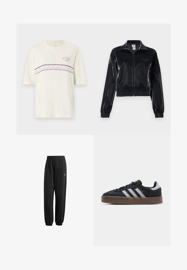 Čierna lesklá zipsová športová bunda s elastickými manžetami a spodným lemom, ktorá má jemné trojpruhové detaily na rukávoch a tonálny logotyp na hrudi.; Biela bavlnená tričko s krátkymi rukávmi, ktoré má horizontálny farebný vlnitý vzor a trojuholníkové akcenty na hrudi.; Čierne tepláky vyrobené z mäkkej, textúrovanej tkaniny. Obsahujú elastický pás, manžety a malé biele logo blízko bedra.; Čierne tenisky s elegantným vzhľadom, ktoré majú tri biele pruhy, čierny jazyk a štruktúrovanú hnedú gumovú podrážku. Doplnky zlatého písma.