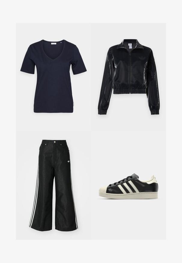 Melna spīdīga zip-up sporta jaka ar elastīgām piedurknēm un apakšmalu, ar smalku trīsrindu detaļu uz piedurknēm un tonālu logotipu uz krūšu daļas.; Tumši zils V-veida t-krekls ar īsām piedurknēm, izgatavots no mīksta kokvilnas materiāla. Iespējams, ka tam ir vienkāršs dizains un neliels zīmola birka sānos.; Melni platās kājas džinsi ar trim baltām svītrām katrā pusē un mazu baltu logotipu. Iezīmē priekšējos kabatas un pogu aizdari.; Melna ādas sporta apava ar baltām svītrām, gumijas purngala aizsardzību, melnām auklām un krēma krāsas zoli. Gluda tekstūra ar spīdīgu apdari.