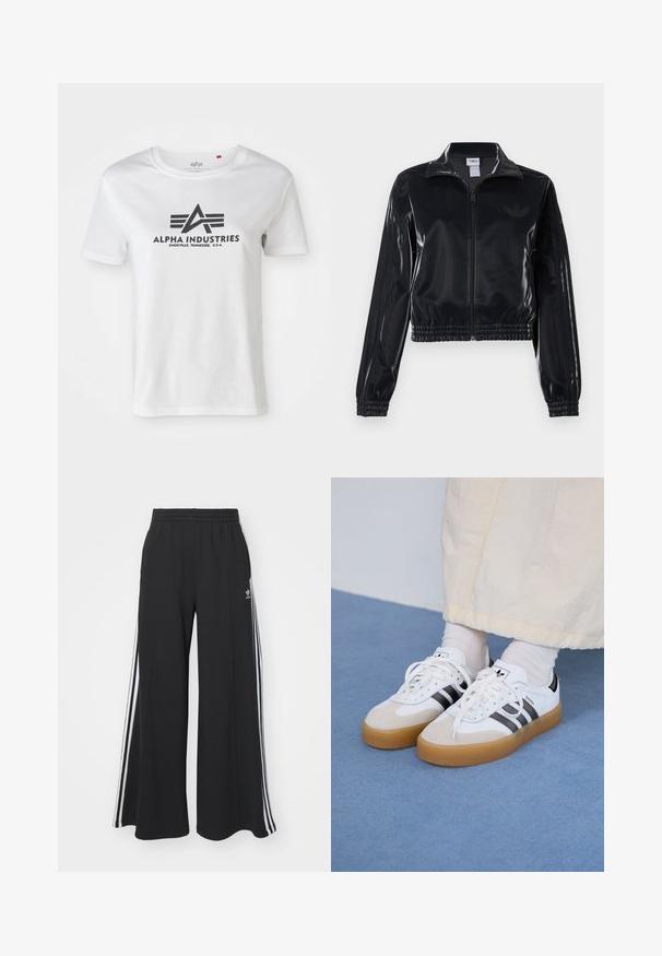 Chaqueta de chándal negra y brillante con cremallera, puños y dobladillo elásticos, que presenta un sutil detalle de tres rayas en las mangas y un logotipo tono sobre tono en el pecho.; Camiseta de algodón blanca de manga corta con un logo negro impreso con alas y el texto "ALPHA INDUSTRIES", diseño de cuello redondo y corte holgado.; Pantalones de chándal negros de pierna ancha con una cinturilla elástica, que presentan franjas blancas a los lados y un logo bordado en el muslo izquierdo.; Zapatillas blancas con rayas negras y acentos de ante beige. Cuentan con una suela de goma texturizada y cordones blancos planos, usadas con calcetines de color claro.