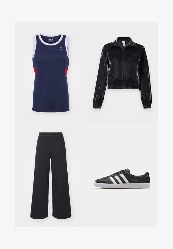 Schwarze, glänzende Trackjacke mit Reißverschluss und elastischen Bündchen und Saum, die dezente Drei-Streifen-Details an den Ärmeln und ein tonales Logo auf der Brust aufweist.; Marinefarbener ärmelloser Tank-Top mit einem weißen Kragen und roten Seitenakzenten. Hergestellt aus glattem, dehnbarem Stoff und mit einem kleinen Logo auf der Brust.; Schwarze weite Sweatpants aus weichem Material, mit einem elastischen Taillenbund und einem kleinen Logo auf der linken Seite.; Schwarze Ledersneaker mit weißem Drei-Streifen-Design, runder Spitze, flacher weißer Gummisohle und Markenlogo an der Seite.