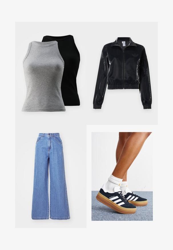 Černá lesklá sportovní bunda na zip s elastickými manžetami a lemem, s jemným trojpruhovým detailem na rukávech a tónovým logem na hrudi.; Dvě bezramenné žebrované tílka v šedé a černé barvě. Mají kulatý výstřih a přiléhavý střih, vyrobená z měkké bavlněné směsi.; adidas Originals Džíny Straight Fit - light denim; Černé semišové tenisky s bílými pruhy a detaily, zaoblenou špičkou, podrážkou z gumy barvy žvýkačky, doplněné bílými žebrovanými ponožkami ke kotníkům.