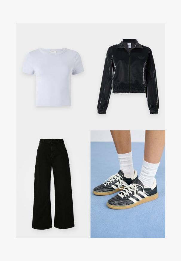 Černá lesklá sportovní bunda na zip s elastickými manžetami a lemem, s jemným trojpruhovým detailem na rukávech a tónovým logem na hrudi.; Světle modré tričko s krátkým rukávem a kulatým výstřihem, vyrobené z měkké tkaniny; má přiléhavý střih a jemné detaily prošívání.; Černé široké cargo kalhoty vyrobené z denimu, s vysokým pasem, předním zapínáním na knoflík a bočními kapsami. Hladká textura s minimálním prošíváním.; Černé kožené tenisky s bílými pruhy, kulatou špičkou, bílými tkaničkami a gumovou podrážkou. Zvýrazněno polstrovaným límcem a detaily s logem.