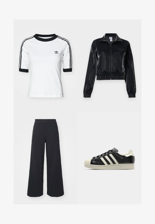 Juodas blizgus zip-up sportinis švarkas su elastinėmis rankovėmis ir apatine dalimi, su subtiliais trimis juostomis ant rankovių ir toniniu logotipu krūtinėje.; Balta medvilnė marškinėliai trumpomis juodomis rankovėmis ir apykakle, su juodais trimis juostelėmis ir mažuoju juodu Adidas logotipu ant krūtinės.; Juoda plačių kojų sportinė kelnė, pagaminta iš minkštos medžiagos, su elastinga juosmens juosta ir mažu logotipu kairėje pusėje.; Juodi odiniai sportiniai bateliai su baltais dryžiais, guminis toe kapas, juodi raišteliai ir kreminis padas. Lygus pavirčius su blizgiu finišu.