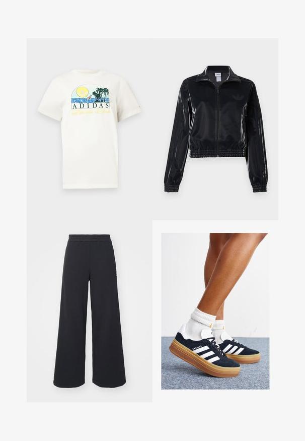 Μαύρο γυαλιστερό ζακέτα με φερμουάρ και ελαστικούς καρπούς και στρίφωμα, με διακριτικές τρεις λωρίδες στα μανίκια και λογότυπο σε τονική απόχρωση στο στήθος.; Λευκό βαμβακερό μπλουζάκι με γραφιστικό σχέδιο που περιλαμβάνει ήλιο, φοίνικες και νερό. Το "ADIDAS Sports Club" εκτυπωμένο σε πράσινο και κίτρινο χρώμα.; Μαύρα ανοιχτά παντελόνια φόρμας από μαλακό υλικό, με ελαστική μέση και μικρό λογότυπο στην αριστερή πλευρά.; Μαύρα σουέτ αθλητικά παπούτσια με λευκές ρίγες και λεπτομέρειες, στρογγυλεμένη μύτη, εξωτερική σόλα από καουτσούκ gum, συνδυασμένα με λευκές ριμπ κάλτσες πλήρους μήκους.