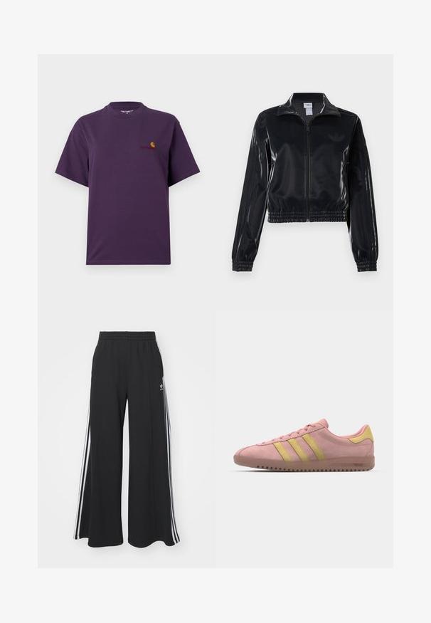Juodas blizgus zip-up sportinis švarkas su elastinėmis rankovėmis ir apatine dalimi, su subtiliais trimis juostomis ant rankovių ir toniniu logotipu krūtinėje.; Violet spalvos medvilnės marškinėliai su apvaliu iškirpimu ir trumpomis rankovėmis. Kairėje krūtinės pusėje yra mažas oranžinės ir raudonos spalvų logotipas.; Juodos plačios kojų džinsinės kelnės su elastingu juosmeniu, turinčios baltas šonines juosteles ir išsiuvinėtą logotipą kairiajame šlaunyje.; Rožiniai zomšiniai sportbačiai su trimis geltonomis juostelėmis, suapvalintu pirštu ir tekstūruotu guminio pado paviršiumi. Žemas profilis su paminkštintu apykakle.