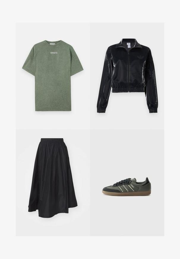 Čierna lesklá zipsová športová bunda s elastickými manžetami a spodným lemom, ktorá má jemné trojpruhové detaily na rukávoch a tonálny logotyp na hrudi.; Zelené bavlnené tričko s okrúhlym výstrihom, krátkymi rukávmi a potlačou loga "STIEGLITZ" na hrudi. Mäkká textúra a pohodlný strih.; Čierna sukňa po kolená vyrobená z ľahkej látky, s elastickým pásom a rozšíreným strihom pre pohodlný pohyb.; adidas Originals SAMBA OG - Tenisky - core black/legend earth/gum