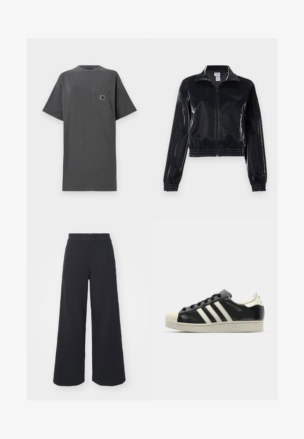 Schwarze, glänzende Trackjacke mit Reißverschluss und elastischen Bündchen und Saum, die dezente Drei-Streifen-Details an den Ärmeln und ein tonales Logo auf der Brust aufweist.; Graues Baumwoll-T-Shirt mit lockerer Passform, rundem Halsausschnitt, kurzen Ärmeln und einer Brusttasche mit einem kleinen Logopatch.; Schwarze weite Sweatpants aus weichem Material, mit einem elastischen Taillenbund und einem kleinen Logo auf der linken Seite.; Schwarze Ledersneaker mit weißen Streifen, Gummikappe, schwarzen Schnürsenkeln und einer cremefarbenen Sohle. Glatte Textur mit glänzender Oberfläche.