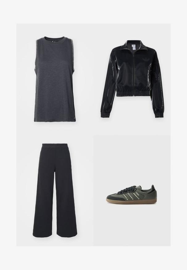 Schwarze, glänzende Trackjacke mit Reißverschluss und elastischen Bündchen und Saum, die dezente Drei-Streifen-Details an den Ärmeln und ein tonales Logo auf der Brust aufweist.; Dunkelgraues ärmelloses T-Shirt mit Rundhalsausschnitt, das weiße gestreifte Akzente an den Schultern und eine lockere Passform aufweist.; Schwarze weite Sweatpants aus weichem Material, mit einem elastischen Taillenbund und einem kleinen Logo auf der linken Seite.; adidas Originals SAMBA OG - Sneaker low - core black/legend earth/gum