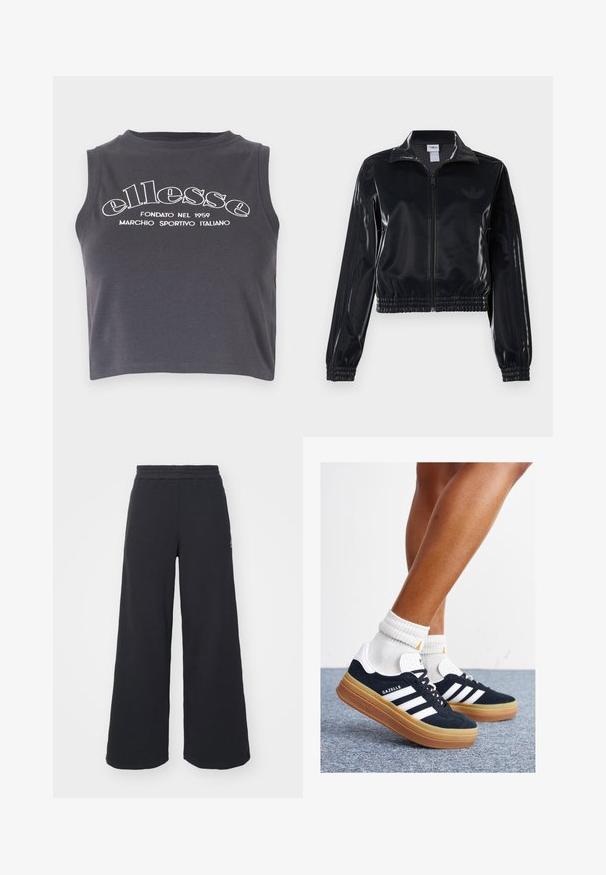 Crna sjajna sportska jakna sa zatvaračem, elastičnim manžetama i donjim rubom, s diskretnim trostrukim detaljima na rukavima i toniranim logotipom na prsima.; Tamno sivi kratki top bez rukava izrađen od mekanog pamuka, s bijelim otisnutim brending tekstom i okruglim izrezom.; Crne široke sweatpants hlače napravljene od mekog materijala, s elastičnim strukom i malim logotipom s lijeve strane.; Crne tenisice od brušene kože s bijelim prugama i detaljima, okruglim vrhom, gumeni potplat boje gume, uparene s bijelim rebrastim čarapama.