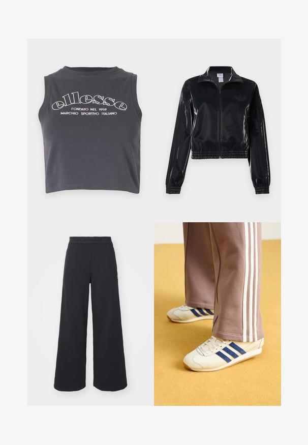Czarna, błyszcząca kurtka sportowa na zamek błyskawiczny z elastycznymi mankietami i dołem, z subtelnym detalem w postaci trzech pasków na rękawach oraz stonowanym logo na klatce piersiowej.; Czarny, szary top typu crop, wykonany z miękkiej bawełny, z białym nadrukiem brandingowym oraz okrągłym dekoltem bez rękawów.; Czarne szerokie spodnie dresowe wykonane z miękkiego materiału, z elastycznym paskiem w talii oraz małym logo po lewej stronie.; Kremowe sneakersy z niebieskimi zamszowymi paskami, białymi sznurówkami i gumową podeszwą. Zestawione z szarymi dresami z białymi bocznymi paskami.