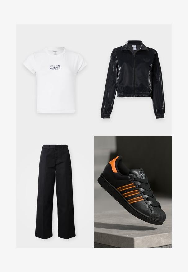Zwarte glanzende zip-up trainingsjack met elastische mouwen en zoom, met subtiele drie-strepen details op de mouwen en een tonale logo op de borst.; Witte katoenen t-shirt met korte mouwen en een ronde halslijn, met op de voorzijde donkerblauwe "OBEY" grafische tekst. Soepele textuur.; Zwarte wijde broek van zacht katoen. Voorzien van een klassieke tailleband, zijzakken en een rechte snit naar de zoom.; Zwarte sneaker met oranje accenten, drie horizontale strepen, bovenwerk van textuurlak, rubberen neuzen en zwarte veters.
