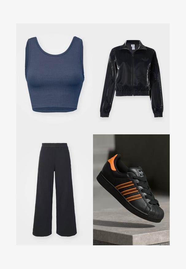 Veste de survêtement noire brillante à fermeture éclair, avec des poignets et un ourlet élastiques, arborant de subtils détails à trois rayures sur les manches et un logo ton sur ton sur le torse.; Top cropped bleu marine avec un décolleté rond, sans manches, en tissu texturé et détails de couture minimaux le long des bords.; Pantalons de survêtement larges noirs en tissu doux, dotés d'une taille élastique et d'un petit logo sur le côté gauche.; Baskets noires avec des accents orange, trois bandes horizontales, tige en cuir texturé, protection en caoutchouc à l'avant et lacets noirs.