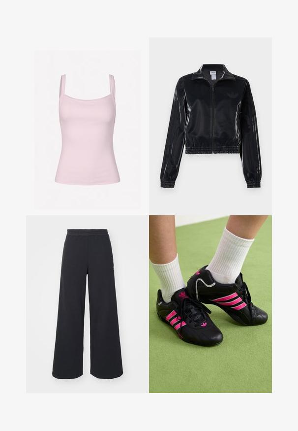 Juodas blizgus zip-up sportinis švarkas su elastinėmis rankovėmis ir apatine dalimi, su subtiliais trimis juostomis ant rankovių ir toniniu logotipu krūtinėje.; Šviesiai rožinė įgula su plonomis petnešomis, pasižyminti prigludusia forma ir lygiu paviršiumi, tinkama sluoksniavimui arba kasdieniam dėvėjimui.; Juoda plačių kojų sportinė kelnė, pagaminta iš minkštos medžiagos, su elastinga juosmens juosta ir mažu logotipu kairėje pusėje.; Juodi sportiniai bateliai su trimis rožinėmis juostelėmis, tekstūruota odinė viršutinė dalis, juodi raišteliai ir logotipo detalė, derinami su baltais raukšlėtais kojiniais ant žalios paviršiaus.