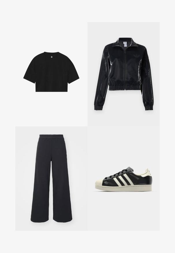 Casaco de treino preto brilhante com fecho éclair, punhos e barra elásticos, apresentando detalhes subtis de três riscas nas mangas e um logótipo tonal no peito.; T-shirt cropped preta feita de tecido suave, com mangas curtas, gola redonda e um logótipo simples impresso perto da gola.; Calças de fato largas, pretas, feitas de tecido macio, com uma cintura elástica e um pequeno logótipo do lado esquerdo.; Sapatilha de couro preto com riscas brancas, biqueira de borracha, atacadores pretos e sola na cor creme. Textura suave com acabamento brilhante.