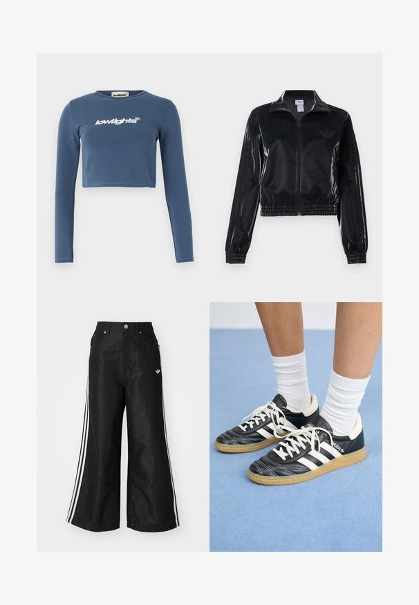 Μαύρο γυαλιστερό ζακέτα με φερμουάρ και ελαστικούς καρπούς και στρίφωμα, με διακριτικές τρεις λωρίδες στα μανίκια και λογότυπο σε τονική απόχρωση στο στήθος.; Μπλε κοντό μανίκι πουκάμισο από μαλακό βαμβάκι, με λευκό κεντητό λογότυπο "lowlights" μπροστά. Λείος υφαντός καμβάς, ριμπ λαιμόκοψη.; Μαύρο τζιν παντελόνι με φαρδιά πόδια, με τρεις λευκές ρίγες σε κάθε πλευρά και ένα μικρό λευκό λογότυπο. Διαθέτει εμπρόσθιες τσέπες και κούμπωμα με κουμπί.; Μαύρα δερμάτινα αθλητικά παπούτσια με λευκές ρίγες, στρογγυλή μύτη, λευκές κορδόνες και σόλα από καουτσούκ. Ενισχυμένα με επενδεδυμένο κολάρο και λεπτομέρειες σήμανσης.