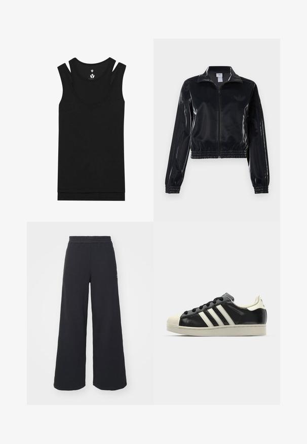 Casaco de treino preto brilhante com fecho éclair, punhos e barra elásticos, apresentando detalhes subtis de três riscas nas mangas e um logótipo tonal no peito.; Camisola preta sem mangas com decote redondo e design de alças duplas. Feita de tecido em canalé com uma textura suave, apresenta um acabamento reto.; Calças de fato largas, pretas, feitas de tecido macio, com uma cintura elástica e um pequeno logótipo do lado esquerdo.; Sapatilha de couro preto com riscas brancas, biqueira de borracha, atacadores pretos e sola na cor creme. Textura suave com acabamento brilhante.