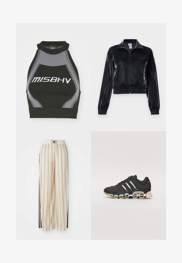Svart, glinsende zip-up treningsjakke med elastiske mansjetter og nederkant, med subtile tre-stripes detaljer på ermene og en tonet logo på brystet.; Svart halterneck crop-top med høy hals, med hvite striper og "MISBHV"-logo, laget av et glatt, elastisk stoff.; Kremfargede bukser med brede ben og zigzag-mønster, med en svart logo-linning og svarte striper på siden. Lett, teksturert stoff.; Svarte sportsko med en strukturert overflate, tre sølvstriper, og en distinkt støtdempende såle med flere integrerte seksjoner.