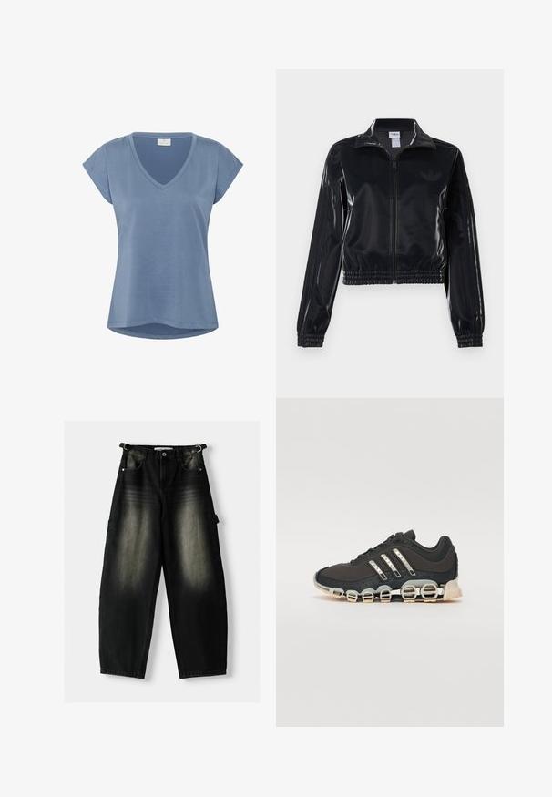 Zwarte glanzende zip-up trainingsjack met elastische mouwen en zoom, met subtiele drie-strepen details op de mouwen en een tonale logo op de borst.; Blauwe V-hals T-shirt met korte mouwen. Gemaakt van een zachte stof, heeft een losse pasvorm en een afgeronde zoom. Soepele textuur zonder opmerkelijke patronen.; Zwarte baggy denim broek met een vervaagde textuur, vijf zakken en een lus aan de tailleband. Het ontwerp heeft een losse pasvorm en rechte pijpen.; Zwarte sportschoen met een gestructureerde bovenkant, drie zilveren strepen en een kenmerkende dempingszool met meerdere geïntegreerde secties.