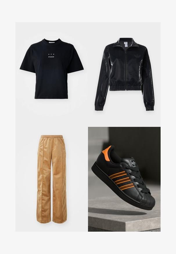 Melna spīdīga zip-up sporta jaka ar elastīgām piedurknēm un apakšmalu, ar smalku trīsrindu detaļu uz piedurknēm un tonālu logotipu uz krūšu daļas.; Melnas īsās piedurknes T-kreklu, kas izgatavots no kokvilnas, ar apaļu kakla izgriezumu un uzdrukātu logo, kas centrā uz priekšpuses lasāms "C P H STUDIOS".; Gaiši brūnas platās kājas bikses, kas izgatavotas no mīksta, samtaina materiāla. Iezīmēta ar elastīgu jostu un vertikālām šuvēm gar priekšpusi, lai pievienotu papildu detaļas.; Melnas kedas ar oranžiem akcentiem, trīs horizontālas svītras, teksturēts ādas augšdaļa, gumijas purngala daļa un melnas auklas.