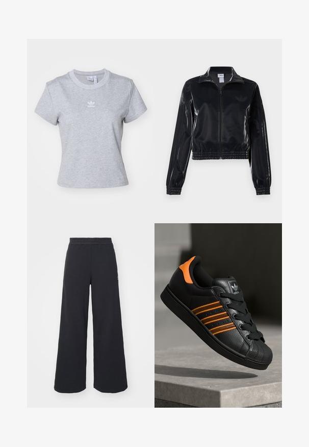 Melna spīdīga zip-up sporta jaka ar elastīgām piedurknēm un apakšmalu, ar smalku trīsrindu detaļu uz piedurknēm un tonālu logotipu uz krūšu daļas.; adidas Originals ESS SLIM - Pamata T-krekls - medium grey heather; Melni platās svārku bikses, izgatavotas no mīksta auduma, ar elastīgu jostas daļu un mazu logotipu kreisajā pusē.; Melnas kedas ar oranžiem akcentiem, trīs horizontālas svītras, teksturēts ādas augšdaļa, gumijas purngala daļa un melnas auklas.