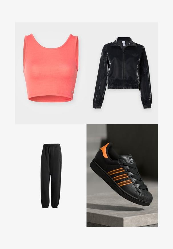 Giacca a piedi nera lucida con zip, dotata di polsini e orlo elastici, con discreti dettagli a tre strisce sulle maniche e un logo tonale sul petto.; Top corto rosa realizzato in tessuto strutturato. Presenta un collo a giro e ampie aperture per le braccia, con un piccolo logo in evidenza sull'orlo.; Pantaloni neri in felpa realizzati in un morbido tessuto texturizzato. Presentano una vita elastica, polsini e un piccolo logo bianco vicino all'anca.; Sneaker nera con accenti arancioni, tre strisce orizzontali, parte superiore in pelle texture, punta in gomma e lacci neri.