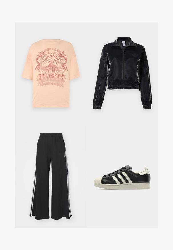 Black glossy zip-up track jacket with elastic cuffs and hem, featuring subtle three-stripe detailing on sleeves and a tonal logo on chest.; Light peach short-sleeve t-shirt featuring a red graphic design of palm trees and sun with "BILLABONG" text, printed on soft cotton material.; Black wide-leg sweatpants with an elastic waistband, featuring white side stripes and an embroidered logo on the left thigh.; Black leather sneaker with white stripes, rubber toe cap, black laces, and a cream-colored outsole. Smooth texture with shiny finish.