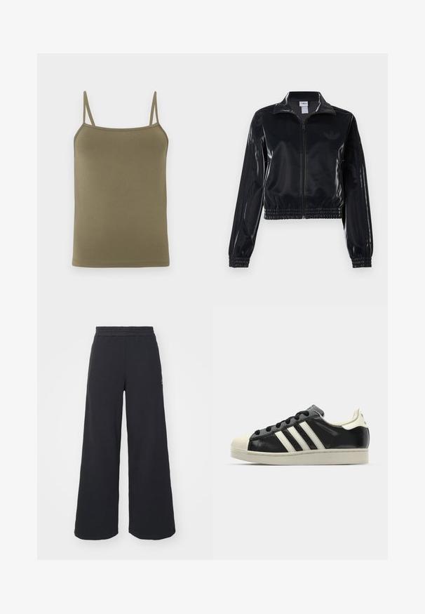Svart, glinsende zip-up treningsjakke med elastiske mansjetter og nederkant, med subtile tre-stripes detaljer på ermene og en tonet logo på brystet.; Oliven grønne camiser, laget av jevnt stoff, med tynne, justerbare skulderstropper og en tettsittende design. Ingen mønstre eller detaljer.; Svart bukse med vid benvidde laget av myk stoff, med elastisk midjebånd og en liten logo på venstre side.; Svarte skinnsneakers med hvite striper, gummitopp, svarte lisser og en kremfarget såle. Glatt tekstur med blank finish.