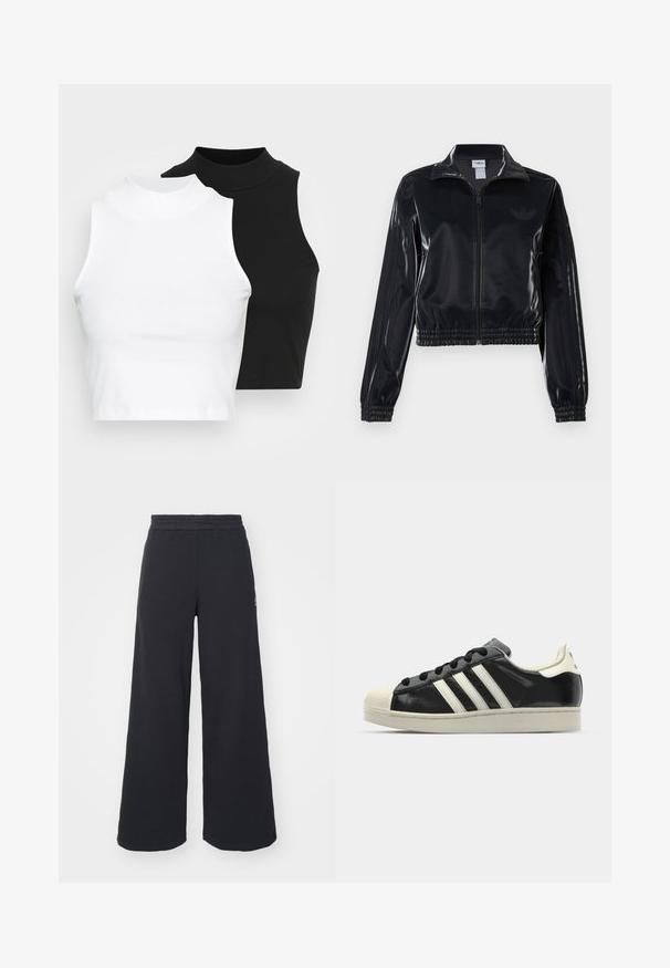 Casaco de treino preto brilhante com fecho éclair, punhos e barra elásticos, apresentando detalhes subtis de três riscas nas mangas e um logótipo tonal no peito.; Duas blusas de gola alta sem mangas em preto e branco, com um design justo e textura suave, e comprimento cropped.; Calças de fato largas, pretas, feitas de tecido macio, com uma cintura elástica e um pequeno logótipo do lado esquerdo.; Sapatilha de couro preto com riscas brancas, biqueira de borracha, atacadores pretos e sola na cor creme. Textura suave com acabamento brilhante.