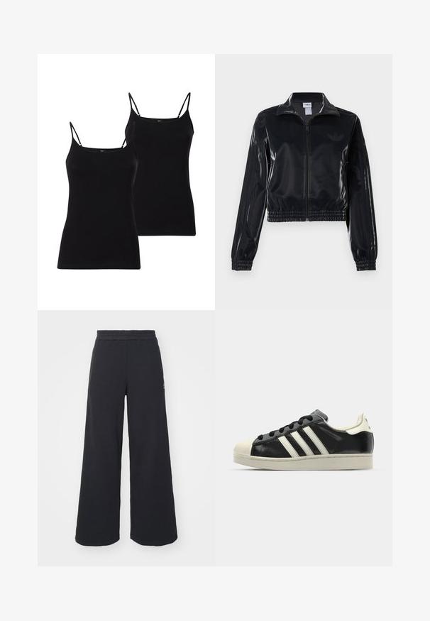 Čierna lesklá zipsová športová bunda s elastickými manžetami a spodným lemom, ktorá má jemné trojpruhové detaily na rukávoch a tonálny logotyp na hrudi.; Dve čierne kamarátky s tenkými ramienkami vyrobené z jemnej tkaniny, s priliehavým strihom a hladkou textúrou, ideálne na vrstvenie.; Čierne širšie tepláky vyrobené z mäkkej látky, s elastickým pásom a malým logom na ľavej strane.; Čierne kožené tenisky s bielymi pruhmi, gumenou špičkou, čiernymi šnúrkami a krémovobielou podrážkou. Hladký povrch s lesklým finišom.