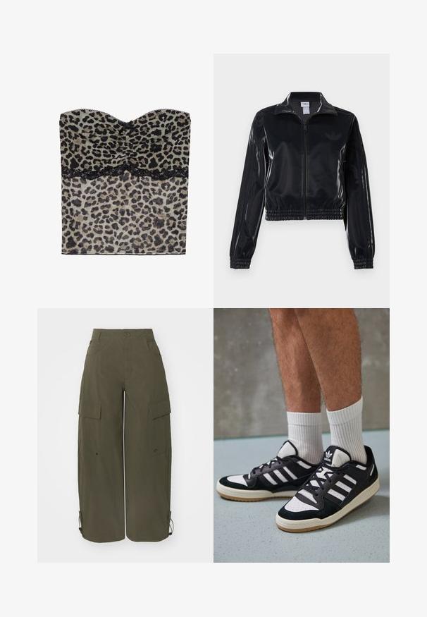 Giacca a piedi nera lucida con zip, dotata di polsini e orlo elastici, con discreti dettagli a tre strisce sulle maniche e un logo tonale sul petto.; Top senza spalline con stampa leopardata e texture arricciata, bordo in pizzo nero lungo il fondo, realizzato in tessuto leggero.; Pantaloni cargo in stoffa verde oliva con una vestibilità rilassata. Presentano ampie tasche laterali, una chiusura a bottone e orli regolabili.; Sneaker bianco e nero con tomaia in suede e pelle, caratterizzati da tre strisce bianche, punta perforata e suola in gomma naturale.