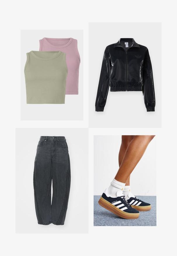 Schwarze, glänzende Trackjacke mit Reißverschluss und elastischen Bündchen und Saum, die dezente Drei-Streifen-Details an den Ärmeln und ein tonales Logo auf der Brust aufweist.; Zwei ärmellose, gerippte Cropped Tops, eines in Hellgrün und eines in Hellrosa, die eine weiche Textur und runde Ausschnitte präsentieren.; Lockere schwarze Denim-Jeans mit einem verblassten Finish, fünf Taschen, einem Knopfverschluss an der Taille und gestickten Details an der Vorderseite und den Seiten.; Schwarze Wildledersneaker mit weißen Streifen und Akzenten, rundlicher Zehenbereich, Sohlen aus braunem Gummi, kombiniert mit weißen, gerippten Sneakersocken.