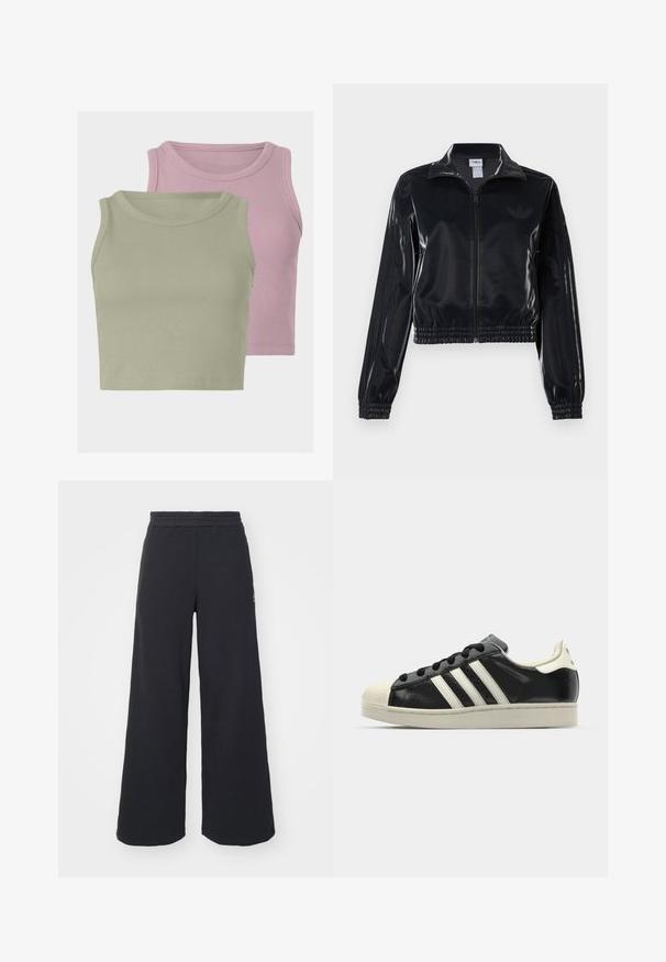 Fekete, fényes, cipzáras sportdzseki elasztikus mandzsettával és aljjal, a mára árnyalatú háromcsíkozás a ujjakon és egy tónusbeli logó a mellkason.; Két ujjatlan, bordázott cropped top, az egyik világoszöld, a másik világosrózsaszín színben, amelyeket puha textúra és kerek nyakkivágás jellemez.; Fekete, bő szárú melegítőnadrág, puha anyagból készült, rugalmas derékkal és egy kis logóval a bal oldalon.; Fekete bőrsneaker fehér csíkokkal, gumírozott orral, fekete fűzővel és krém színű talppal. Simaság és fényes felület jellemzi.