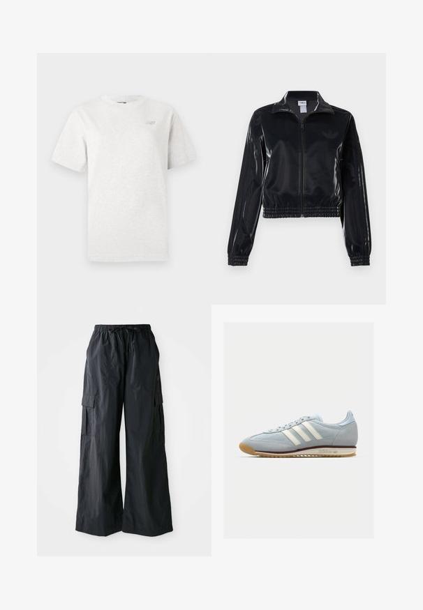 Melna spīdīga zip-up sporta jaka ar elastīgām piedurknēm un apakšmalu, ar smalku trīsrindu detaļu uz piedurknēm un tonālu logotipu uz krūšu daļas.; Pelēks īsām piedurknēm T-krekls, izgatavots no mīkstas kokvilnas, ar apaļu dekoltē un mazu logotipu kreisajā krūtīs.; Melnas kravas bikses, kas izgatavotas no viegla auduma, ar platām kājām, elastīgu jostu un vairākām sānu kabatām. Vienkāršas un funkcionālas.; Gaiši zili zamša sporta apavi ar baltām trim svītrām, gumijas zoli un teksturētu sietu. Ietver gludu purngalu un zīmolu uz papēža.