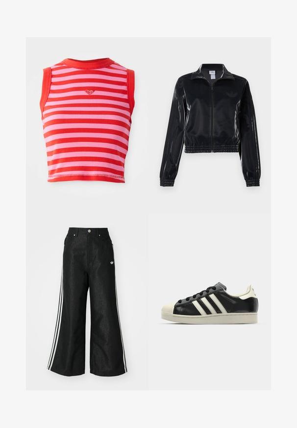 Sort, blank glans zip-jakke med elastiske manchetter og kant, der har diskrete tre-stribe detaljer på ærmerne og et tonalt logo på brystet.; Rød og pink stribet crop top med ribbet tekstur, featuring en rund halsudskæring og en lille broderet hjerte detaljer i midten.; Sorte vide denim bukser med tre hvide striber på hver side og et lille hvidt logo. Indeholder forlommer og en knaplukning.; Sort lædersneakers med hvide striber, gummitåkap, sorte snørebånd og en cremefarvet ydersål. Glat tekstur med blank overflade.