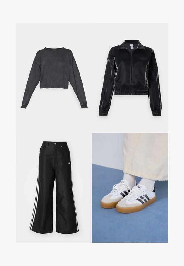 Fekete, fényes, cipzáras sportdzseki elasztikus mandzsettával és aljjal, a mára árnyalatú háromcsíkozás a ujjakon és egy tónusbeli logó a mellkason.; Fekete, rövidített, hosszúujjú pulóver, texturált felülettel és kerek nyakkal. Bal mellrészen egy kis logó található, valamint bordázott mandzsetták.; Fekete, bő szárú farmernadrág, mindkét oldalon három fehér csík díszítéssel és egy kis fehér logóval. Elölzsebekkel és gombos záródással rendelkezik.; Fehér sportcipő fekete csíkokkal és bézs velúr részletekkel. Texturált gumi talppal és lapos fehér fűzőkkel rendelkezik, világos színű zoknival viselve.