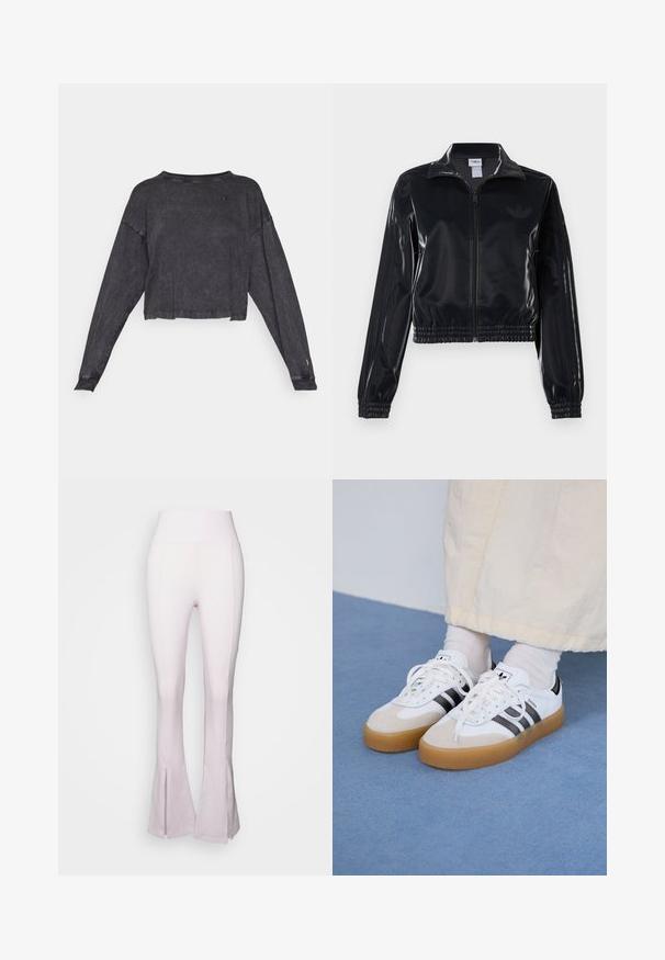 Fekete, fényes, cipzáras sportdzseki elasztikus mandzsettával és aljjal, a mára árnyalatú háromcsíkozás a ujjakon és egy tónusbeli logó a mellkason.; Fekete, rövidített, hosszúujjú pulóver, texturált felülettel és kerek nyakkal. Bal mellrészen egy kis logó található, valamint bordázott mandzsetták.; Világos rózsaszín, flared nadrág magas derékkal, sima textúrával és alján részel. Rugalmas, testhezálló anyagból készült.; Fehér sportcipő fekete csíkokkal és bézs velúr részletekkel. Texturált gumi talppal és lapos fehér fűzőkkel rendelkezik, világos színű zoknival viselve.