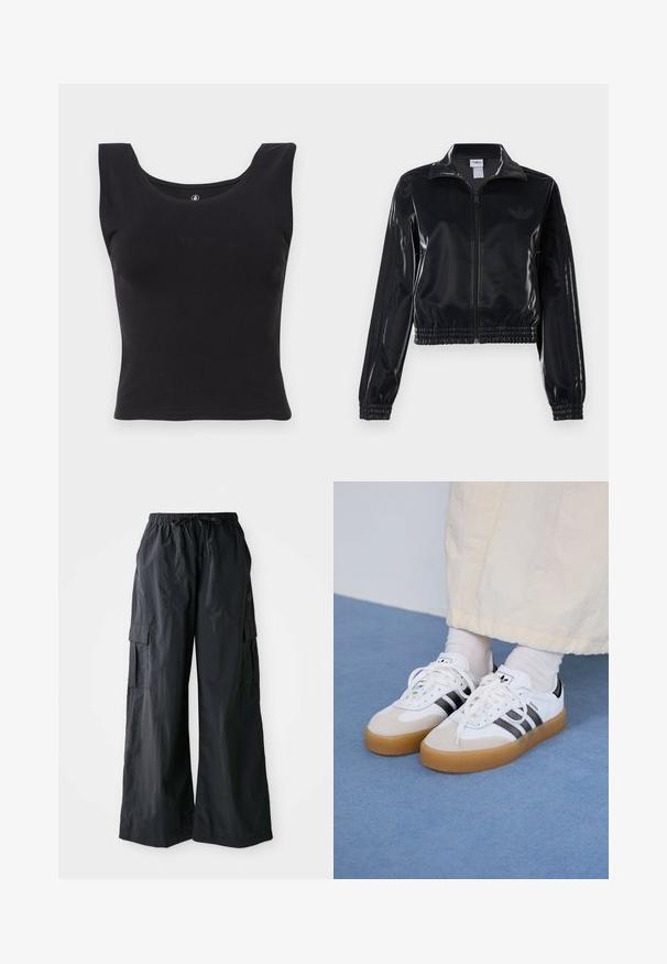 Juodas blizgus zip-up sportinis švarkas su elastinėmis rankovėmis ir apatine dalimi, su subtiliais trimis juostomis ant rankovių ir toniniu logotipu krūtinėje.; Juodas beprotiškas tankų viršus pagamintas iš medvilnės, su apvaliu kaklu ir pritvirtinta forma. Nepastebimai iškilus „Volcom“ logotipas priekyje.; Juodos kargo kelnės, pagamintos iš lengvos medžiagos, su plačiomis kojomis, elastingu juosmeniu ir keliais šoniais kišenėmis. Paprastos ir funkcionalios.; Baltos sportbačiai su noir juostomis ir šviesiai rudos zomšos akcentais. Yra tekstūruota gumos padas ir plokščiomis baltomis raištelėmis, dėvimi su šviesiai spalvotomis kojinėmis.